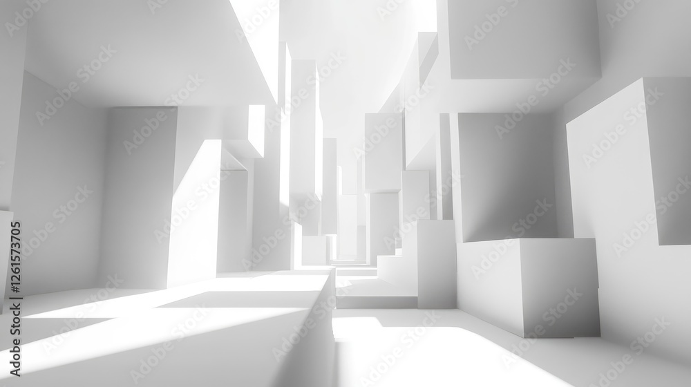 Poster A futuristic scene of overlapping 3D cubes in a random arrangement, creating an exciting, dimensional space with shadow and depth