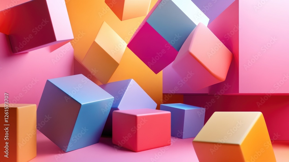 Poster A futuristic scene of overlapping 3D cubes in a random arrangement, creating an exciting, dimensional space with shadow and depth