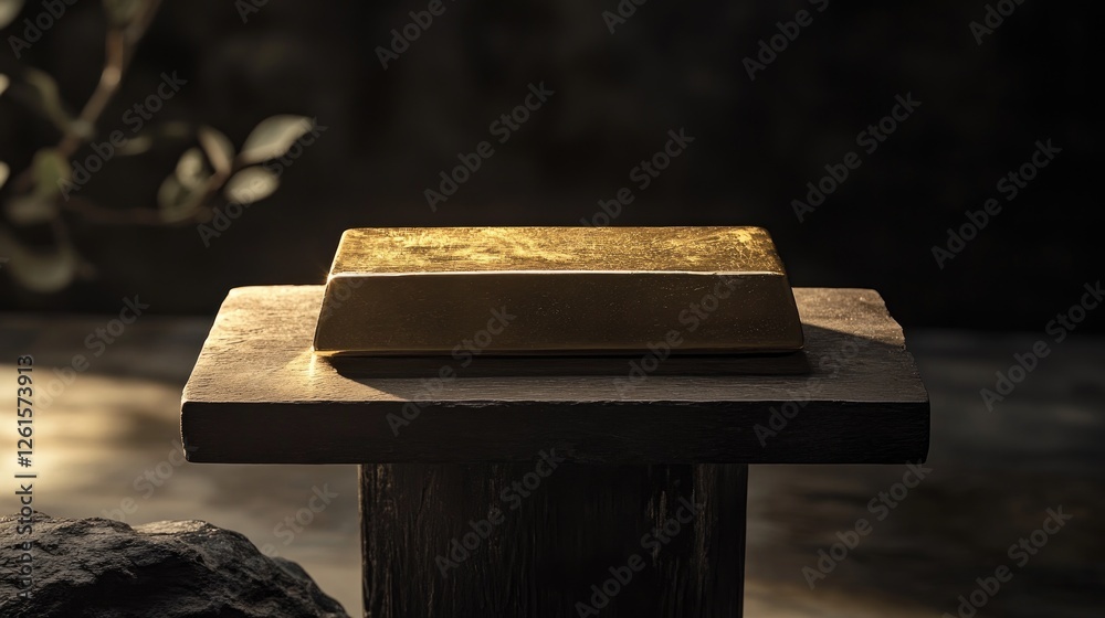 Poster a gleaming gold bar on a scale, with dramatic studio lighting highlighting its texture, symbolizing 