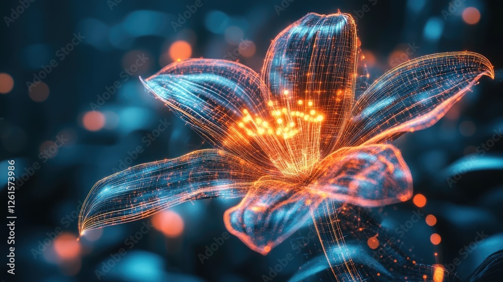 Poster a glowing, digital flower with holographic neon petals and a glowing wireframe stem, representing th
