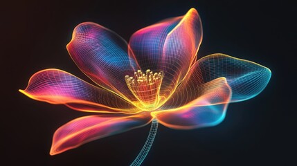 A glowing, holographic digital flower with neon petals and a sleek wireframe stem, offering a beautiful blend of nature and technology in a futuristic style