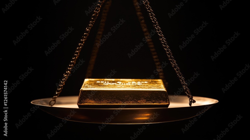 Aufkleber A gold bar placed on a scale, illuminated by soft studio lighting, creating a striking contrast against the dark background to showcase the weight and value