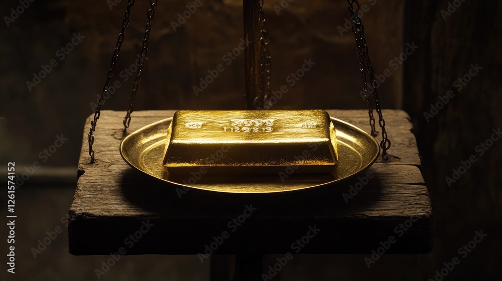 Poster A gold bar placed on a scale, illuminated by soft studio lighting, creating a striking contrast against the dark background to showcase the weight and value