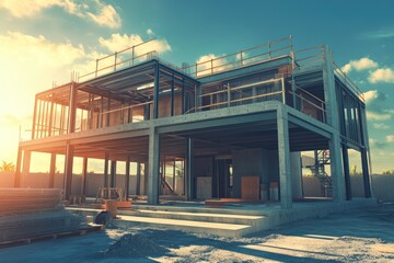 Modern house under construction at sunset, site preparation, construction site