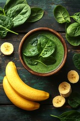 Obraz premium Top-Down View of a Healthy Green Smoothie Bowl with Spinach and Banana Slices on a Rustic Wooden Surface, Promoting a Nutritious and Vegan Lifestyle.