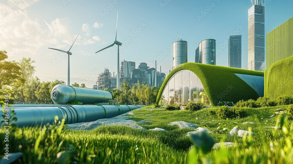 Poster a green factory with an integrated hydrogen pipeline and wind turbines in the background, highlighti