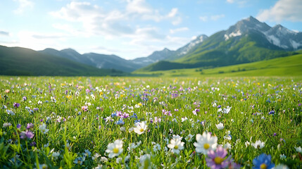Fototapeta premium Colorful wildflowers bloom in a lush green alpine meadow under a blue sky with majestic mountains in the background during a sunny summer day.