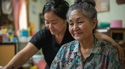 Fototapeta premium A woman caregiver assisting with personal hygiene, ensuring dignity and care while providing support with a calm and empathetic demeanor