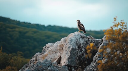 Hawk perched on rock, overlooking forest. Nature wallpaper