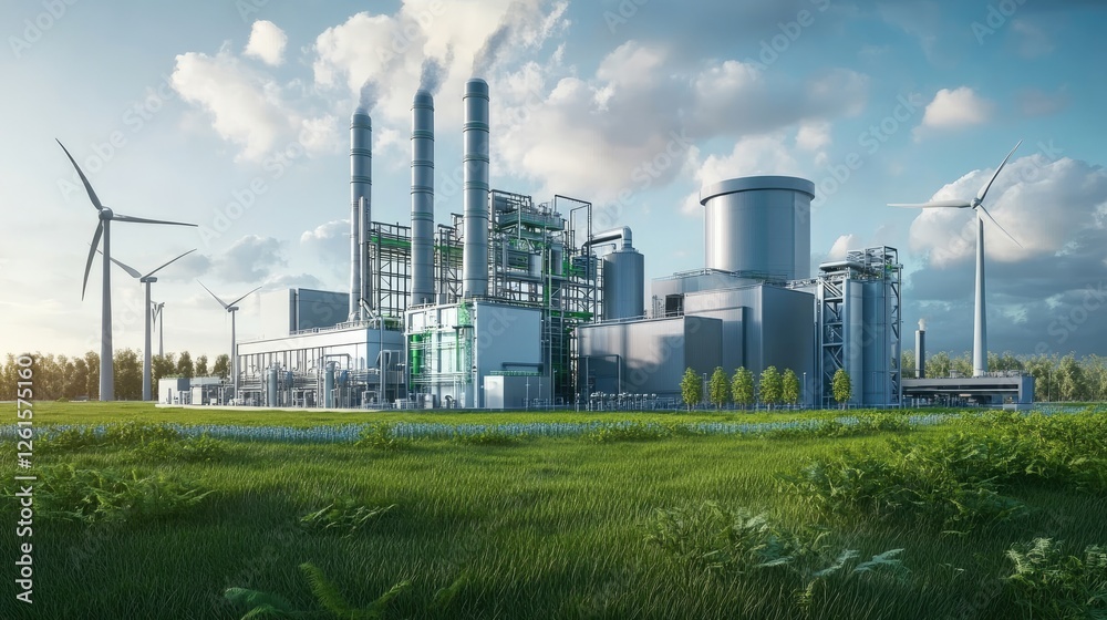 Poster a high-tech green factory with hydrogen pipelines and wind turbines, symbolizing a sustainable appro
