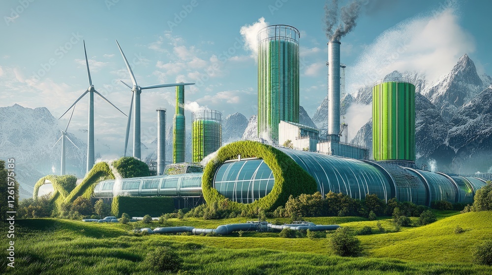 Poster a high-tech green factory with hydrogen pipelines and wind turbines, symbolizing a sustainable appro