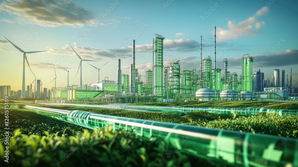 Poster a high-tech green factory with hydrogen pipelines and wind turbines, symbolizing a sustainable appro