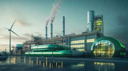 Obraz premium A high-tech green factory with hydrogen pipelines and wind turbines, symbolizing a sustainable approach to energy production and environmental stewardship