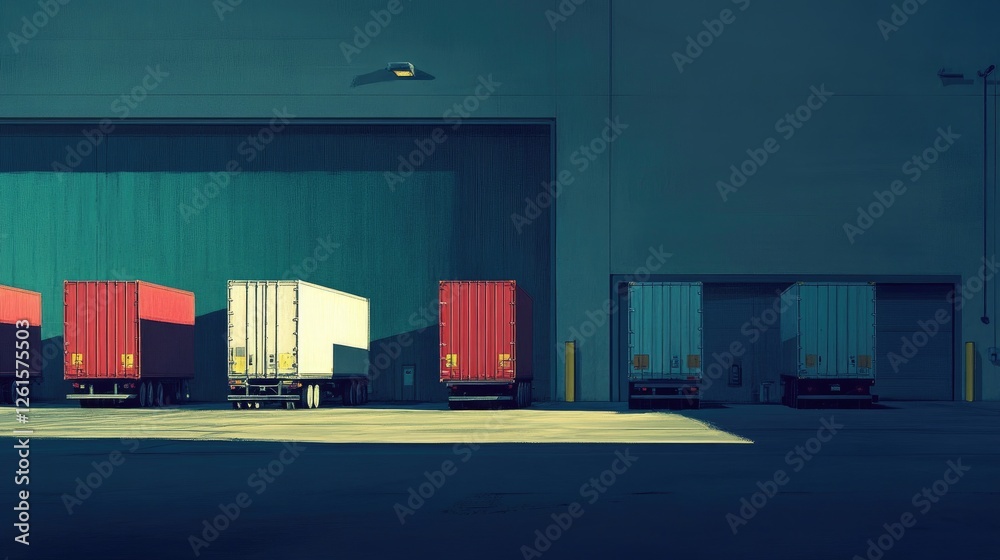 Poster a lineup of trucks at a loading dock, waiting for their next cargo delivery, ideal for logistics or 