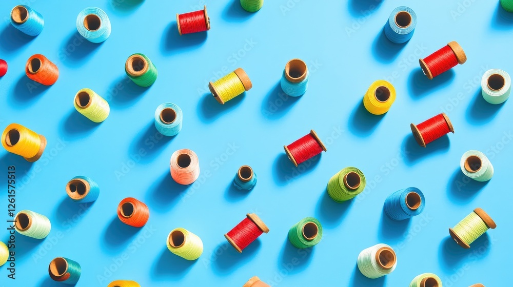 Poster a lively collection of colorful spools of thread spread across a bright blue background, creating a 