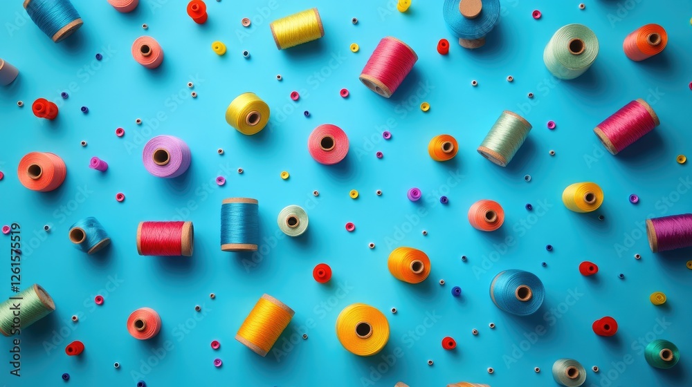 Poster A lively collection of colorful spools of thread spread across a bright blue background, creating a cheerful and creative atmosphere