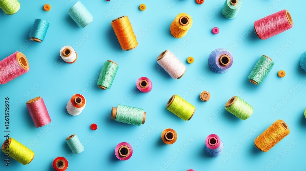 Poster A lively collection of colorful spools of thread spread across a bright blue background, creating a cheerful and creative atmosphere