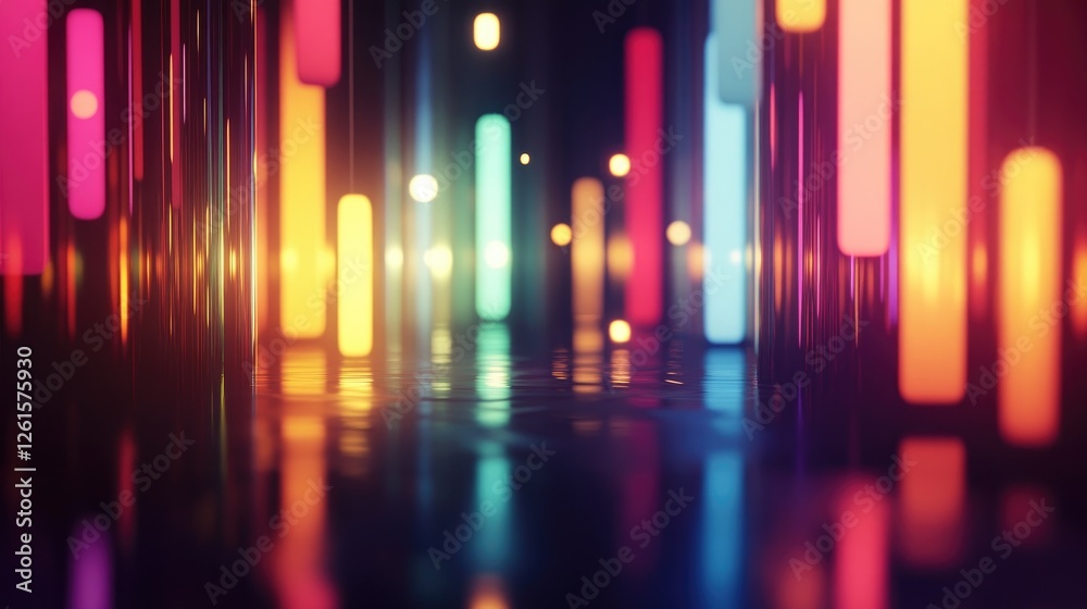 Poster a mesmerizing display of soft, colorful lighting in a dark room, casting gentle reflections to creat