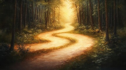 Obraz premium Pasteltoned depiction of a forked path in a serene forest, with one path bathed in light and the other in shadow, representing a choice filled with uncertainty