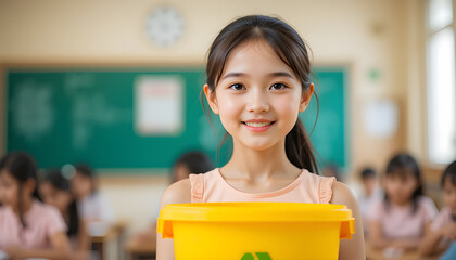 Smiling Girl Holding Yellow Recycling Bin in Classroom