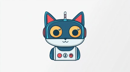 A cute robot cat character with large eyes and a futuristic design.
