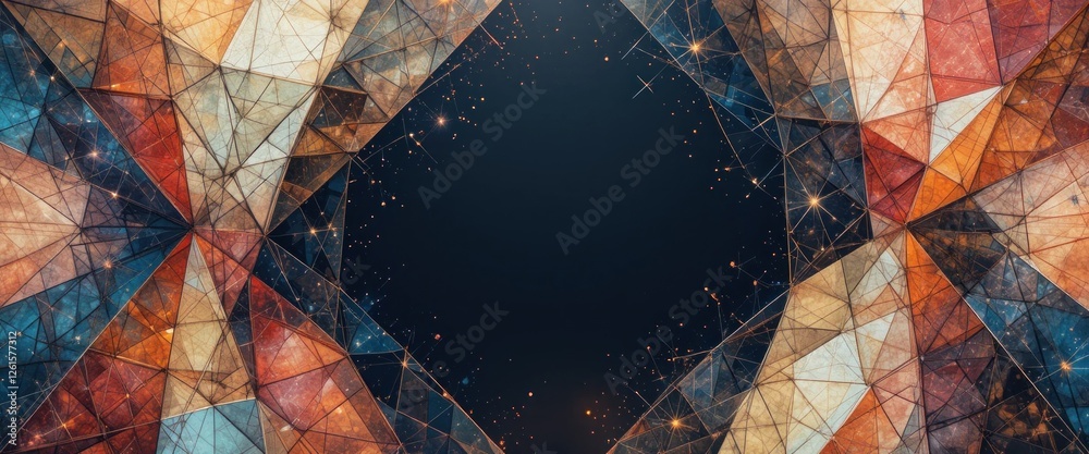 Poster abstract geometric background with triangle pattern and golden particles