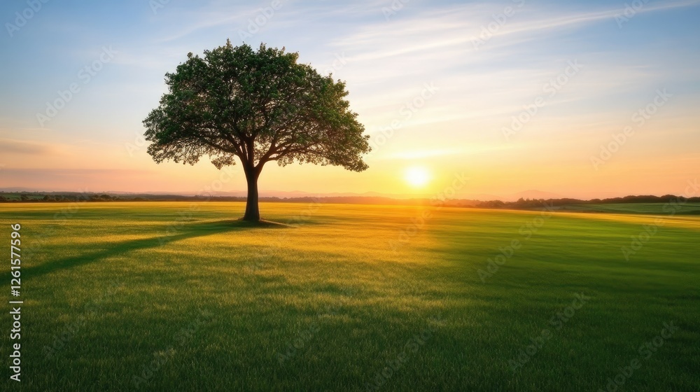 Poster A peaceful sunset over a wide-open field, with a single tree casting a long shadow, creating a tranquil atmosphere perfect for graphic overlays or text