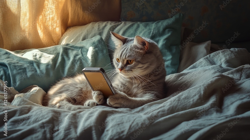 Poster a playful cat with a phone on a bed, showcasing a lighthearted and curious moment of feline mischief