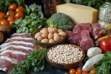 Balanced diet, healthy foods, assortment, supermarket display