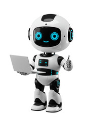 Fototapeta premium Cute Robot Holding Laptop Showing Thumbs Up