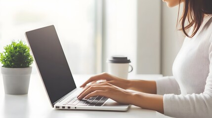 Naklejka premium Woman types on laptop computer with coffee and plant
