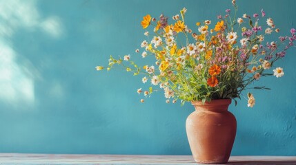 A rustic clay vase filled with fresh wildflowers, set against a bright blue background, offering a simple and charming country aesthetic