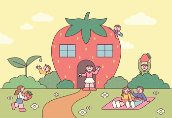 Obraz premium Whimsical strawberry house with happy people enjoying a picnic and harvesting berries. Cute fantasy vector illustration in pastel colors, perfect for children's stories, fairy tales, and farm-themed