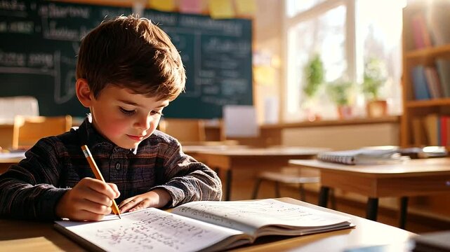 Young student focused on solving math equations in a classroom setting.