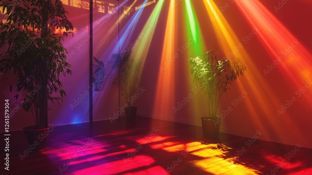 Poster A serene and magical scene with vibrant beams of multicolored light illuminating a dim room, creating a warm and inviting atmosphere