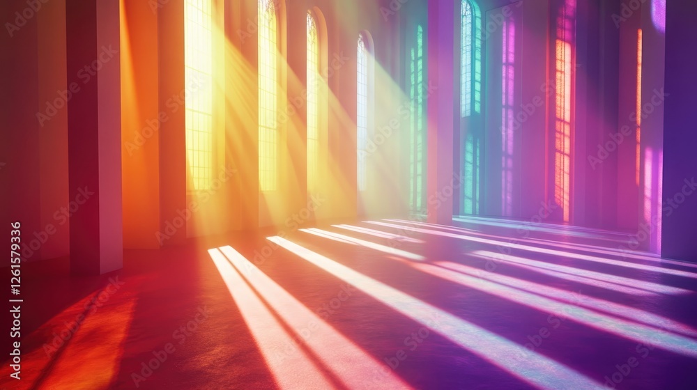 Poster A serene and magical scene with vibrant beams of multicolored light illuminating a dim room, creating a warm and inviting atmosphere