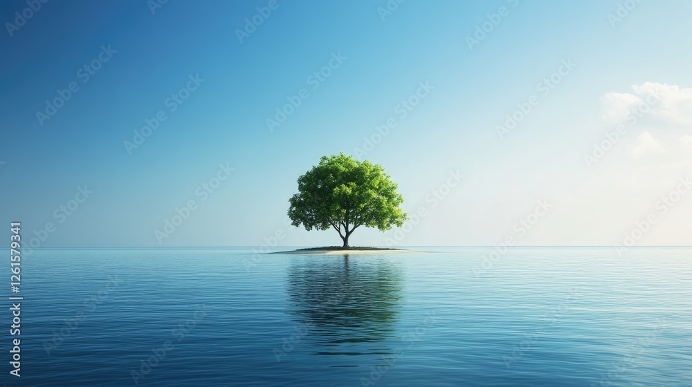Aufkleber a serene island landscape with a single tree, surrounded by tranquil waters and under a clear blue s