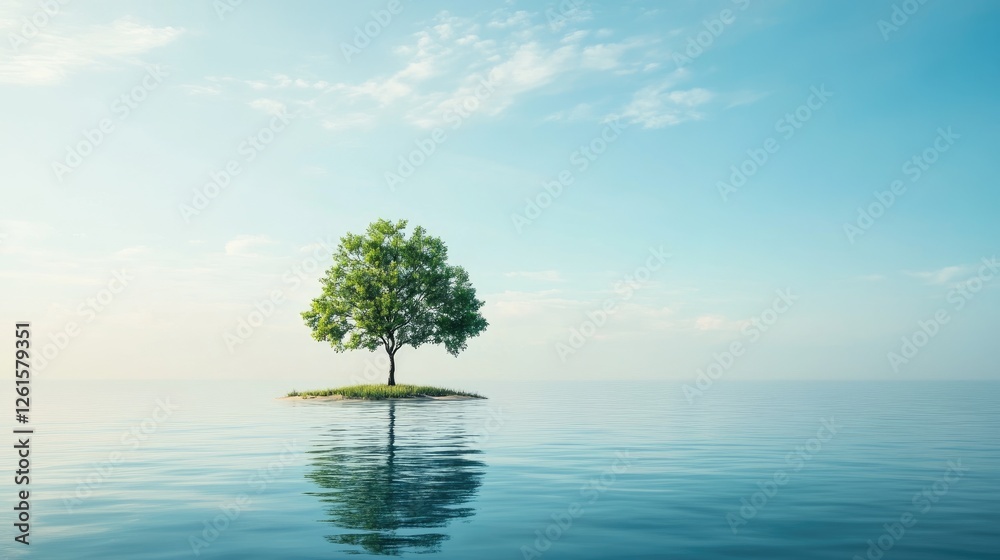 Poster a serene island landscape with a single tree, surrounded by tranquil waters and under a clear blue s