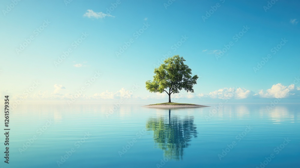 Poster A serene island landscape with a single tree, surrounded by tranquil waters and under a clear blue sky, providing ample space for design elements or text