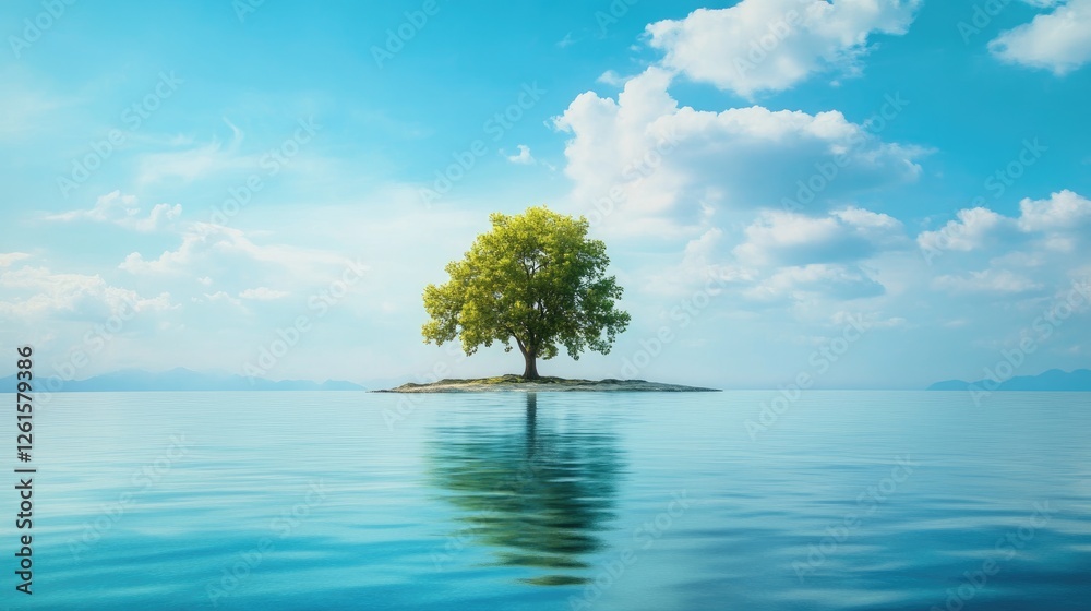 Poster A serene island landscape with a single tree, surrounded by tranquil waters and under a clear blue sky, providing ample space for design elements or text