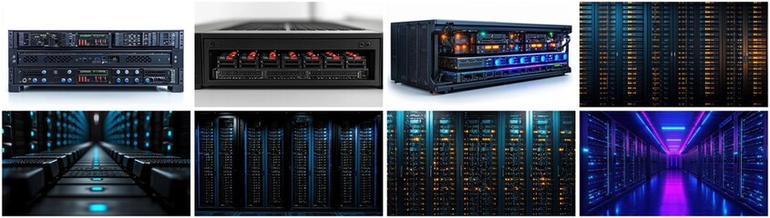 Fototapeta premium Futuristic Data Center Server Room with Glowing Blue and Purple Lights