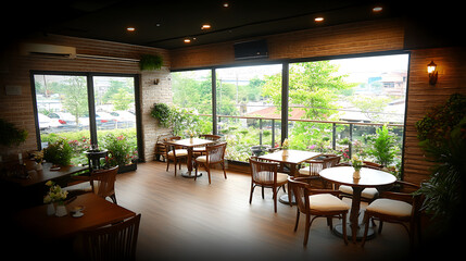 Fototapeta premium Bright Restaurant Interior with Wooden Furniture and View of Outdoor Greenery and Balcony Flowers