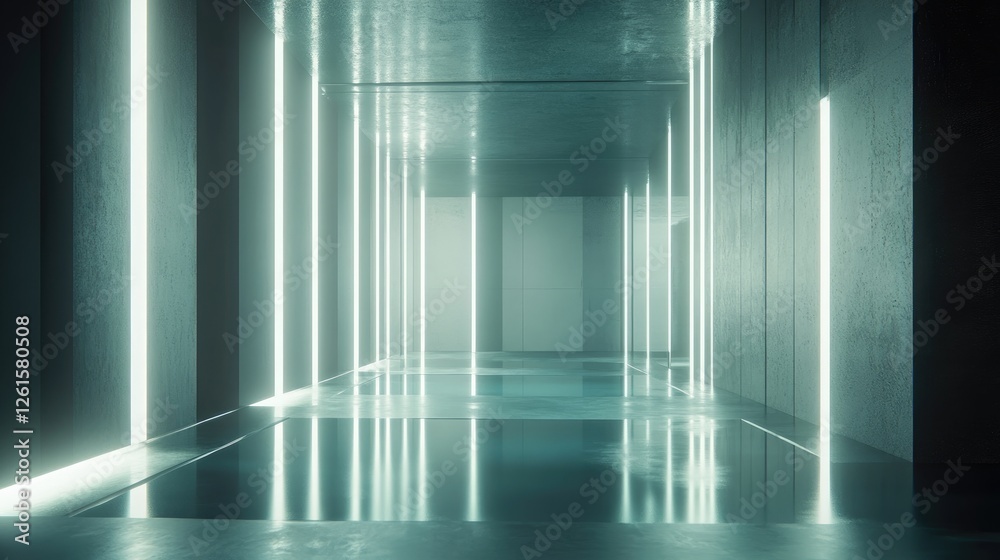 Aufkleber A sleek, digital environment illuminated with glowing bars and lights, representing the flow of data and modern technological movement