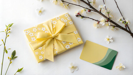 Yellow floral gift box with matching greeting card and ribbon