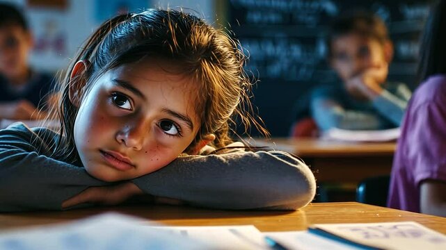 Tired students in a low-light classroom finding it hard to focus.