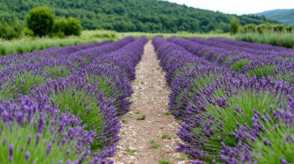 Lavender field rows, hillside background, rural France, summer