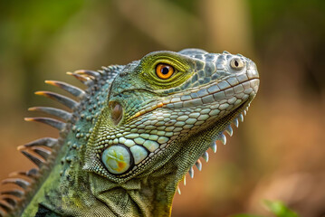 Fototapeta premium Close up of an iguana with detailed scaly skin bright orange eyes and sharp spines sitting in a natural green background