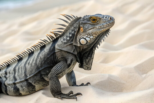 Lguana walking on a sandy beach with textured scaly skin, sharp spines and dark body color blending with the natural coastal environment