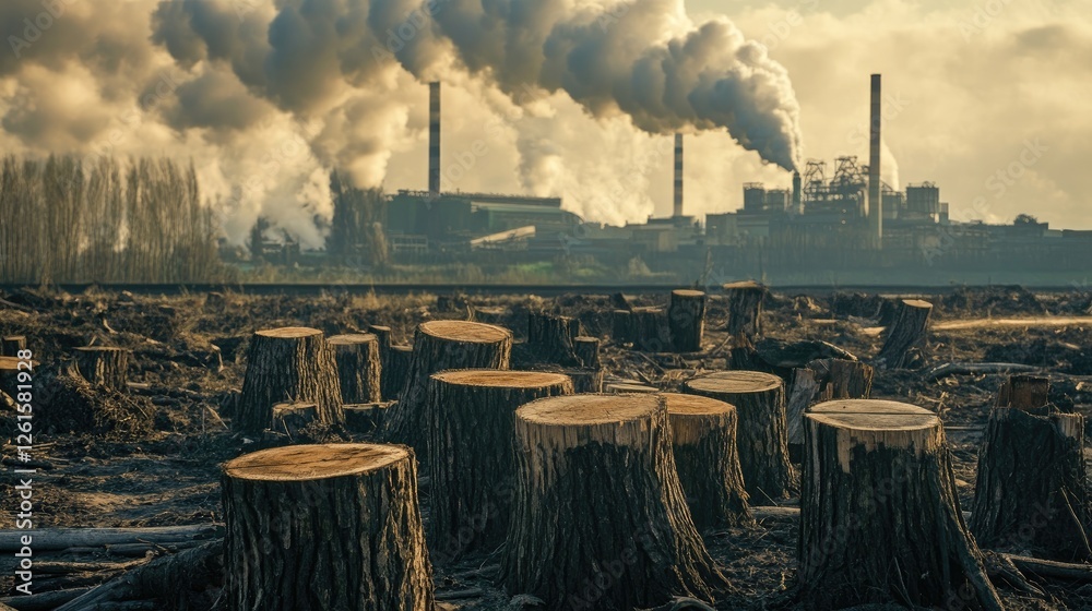 Poster a stark reminder of ecological damage: tree stumps in a deforested area with a polluting factory in 