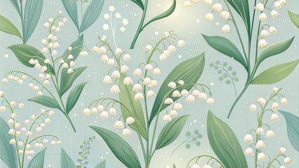 Lily of the valley floral pattern with green leaves and soft light